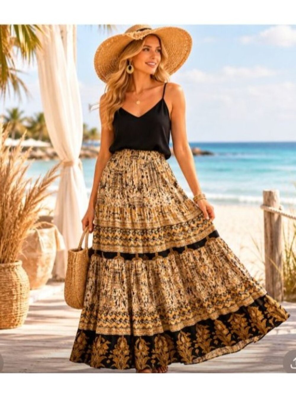 First Option Vintage Beige Black Tiered Maxi Skirt Size L Boho Prairie Festival
